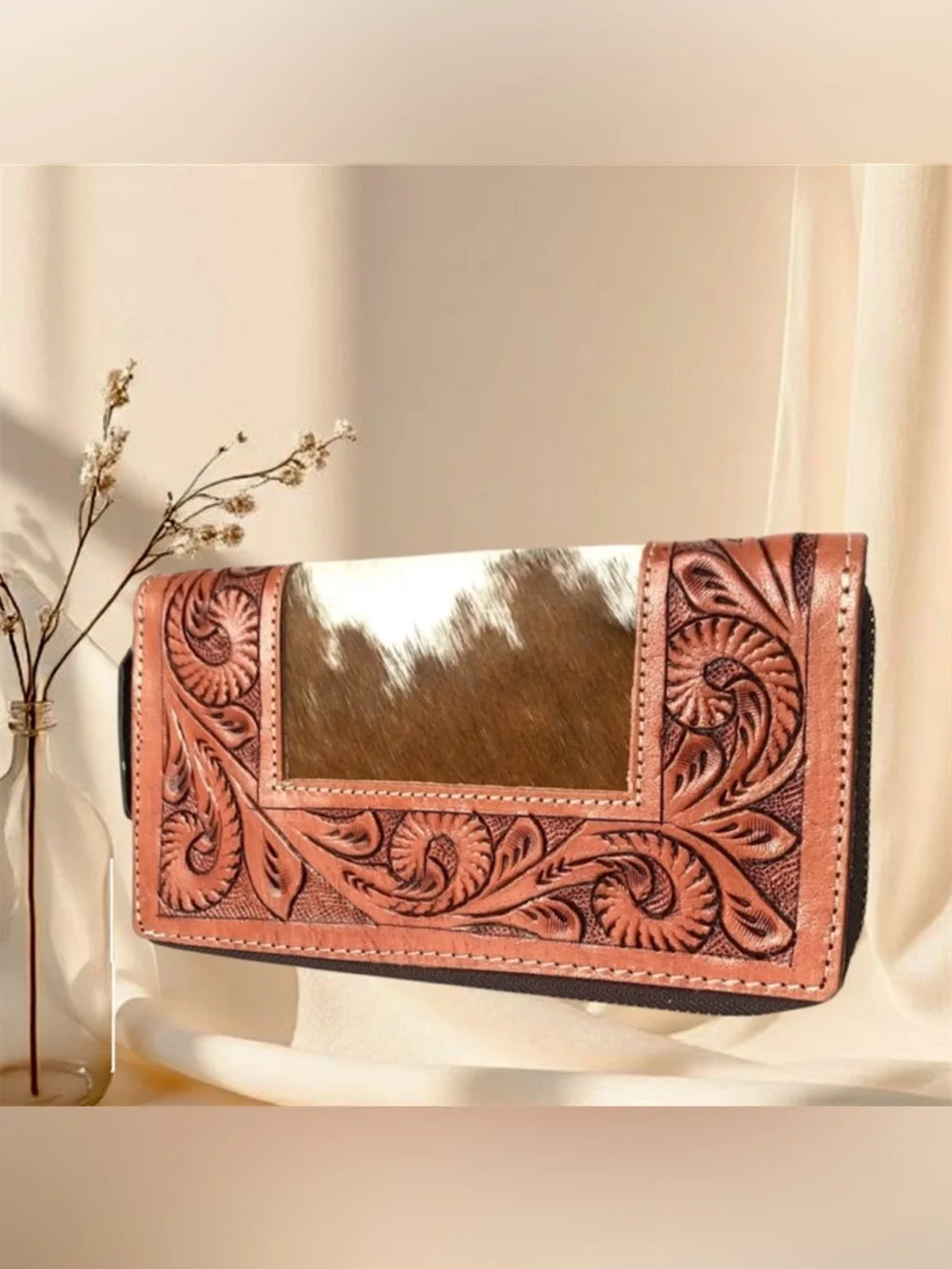 Hand-Tooled Leather & Cowhide Wallet - Brown